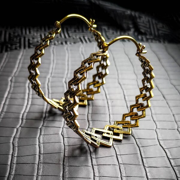 Brass Or Silver Plated Geometric Open Large Hoops Earrings-Original Design-Chic Jewelry-New Collection-Bauhaus Jewels-Geometric Pattern