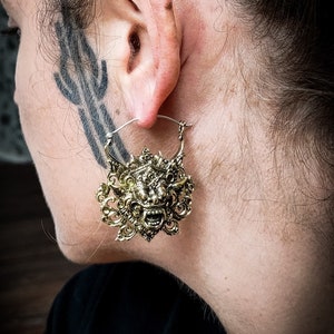 Brass Ornamental Barong Face Earrings-Silver 925 Wire-New Co-Balinese Mythology-Ethnic Design-Symbol Jewels-Tribal Fusion Jewels-Tribal