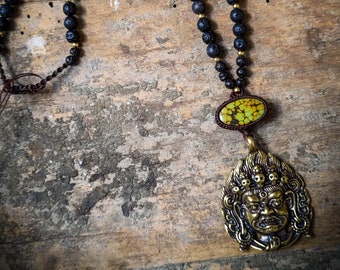 Brass Mahakala Rare Tibetan Hubei Turquoise Lava Mala Necklace Inspired-New Co-Unique Jewels-Protection Amulet Jewels-Boho-Tribal-Buddhism