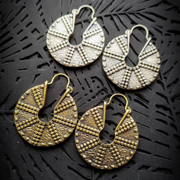 Brass or White Brass Industrial Dots Pattern Textur Wheel Shapes Medium Size Hoops Earring-New Co-Design Jewel-Mechanic Inspired-Underground