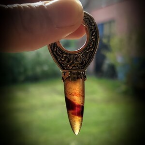 May include: A gold-toned metal body piercing with a detailed design and a long, pointed, red and brown agate stone.