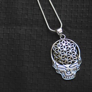 May include: A silver chain necklace with a silver pendant featuring a skull with a flower of life design.