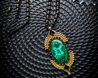 Brass Ethnic Dots Pattern Flashy Massive Chrysocolla Malachite Lava Mala Necklace Inspired-Unique-Unisex-Boho Jewels-Tribal Fusion-Tribal