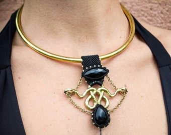 Brass Double Hammered Snakes Charmz Double Onyx Unique Unisex Choker or Chain Necklace-New Co-Modular Jewels-Black Gem-Rosecut Gem-Tribal