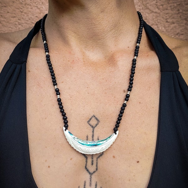 Carved Cow Bone Tribal Pattern Abalone Shell Incrusted Lava Unisex Necklace-New Co-Unique-Boho Jewels-Ethnic-Organic Jewels-Maori