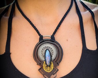 Hybrid Arang Wood Crop Circle Silver Plated Mandala Design Blue Labradorite 316L Steel Gold PVD Ornamental Pendant Unisex Necklace-Original