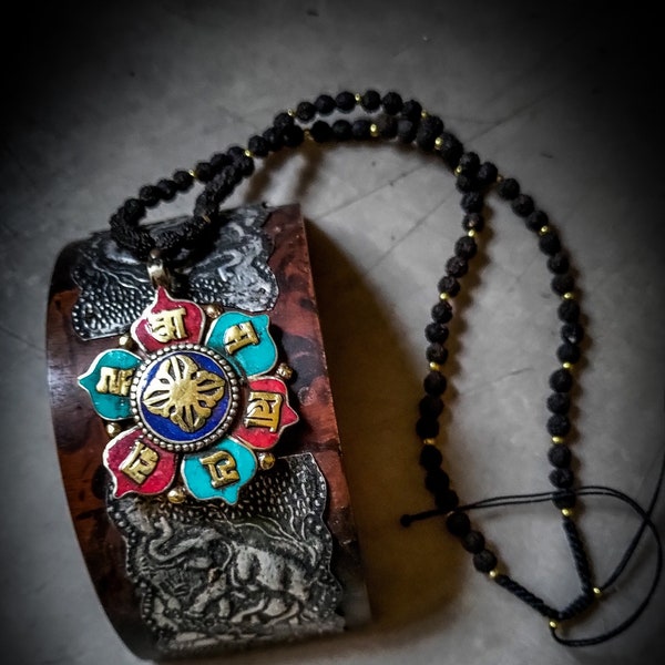 Brass Nepali Lotus Rudrakshas Mala Necklace Inspired Unisex-Ethnic Jewels-Boho Necklace-Tribal-Buddhism Jewels-Unique Piece-Lotus Design