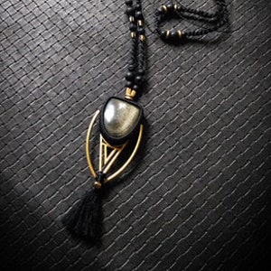Gold Obsidian Geometric Brass Pendulum Coton Tassel Necklace - Lava-Unique Piece-Design Jewelry-Gems Jewels-Ethnic-Boho-Chic-New
