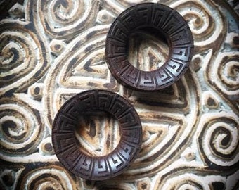 Carved Tamarind Wood Tunnels Aztec Print 38mm-Unique Pair-Tribal Body Modification-Ethnic-Geometric Pattern-Organic-Boho-New Collection