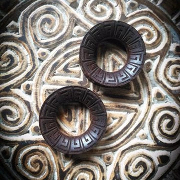Carved Tamarind Wood Tunnels Aztec Print 38mm-Unique Pair-Tribal Body Modification-Ethnic-Geometric Pattern-Organic-Boho-New Collection