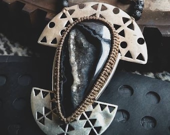 Biomechanic Black Agate Druzy Drop Geometric Pendant Lava Mala Necklace Inspired-Unisex Jewelry-Unique Necklace-Industrial Design Jewels-New