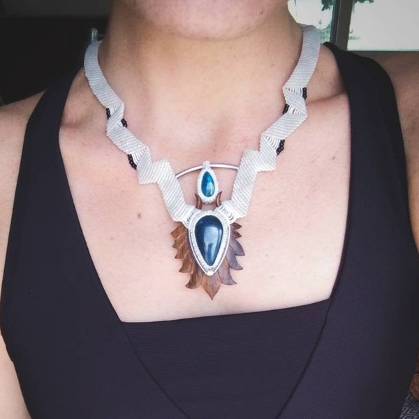 Double Apatite Sawo Wood Leaf Necklace-Organic Design-Original Jewelry-Blue Gem-Boho Necklace-Tribal-Gypsy Design-Cosplay Necklace-New Co