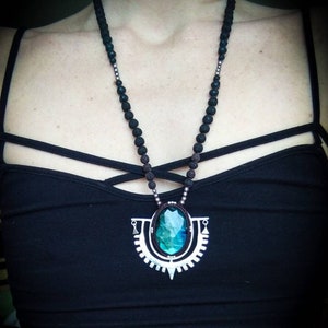 Silver Plated Ethnic Industrial Geometric Rosecut Flashy Blue Labradorite Black Rudrakshas Lava Necklace-New Co-Unique Piece-Mala Necklace
