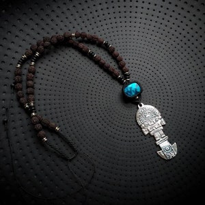 Versilberte Tumi Shattuckit Schwarze Rudrakshas Mala Halskette-Unisex Schmuck-Inka Schmuck-Boho-Unikat-Blaue Edelsteine-Rudraksha Schmuck-Neu