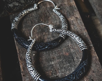 Carved Horn Ornamental Pattern Carved Bronze Earrings- Double side, XXL Hoop- Tribal Design- Tribal Fusion Earrings-Boho Jewelry-Goddess