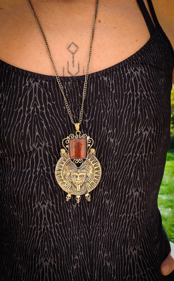 Brass Or Silver Plated Massive Kali Skullz Pendant with Stone Unisex Chain Or Choker Necklace-Original Design-Exclusive-Goddess Symbol Jewel