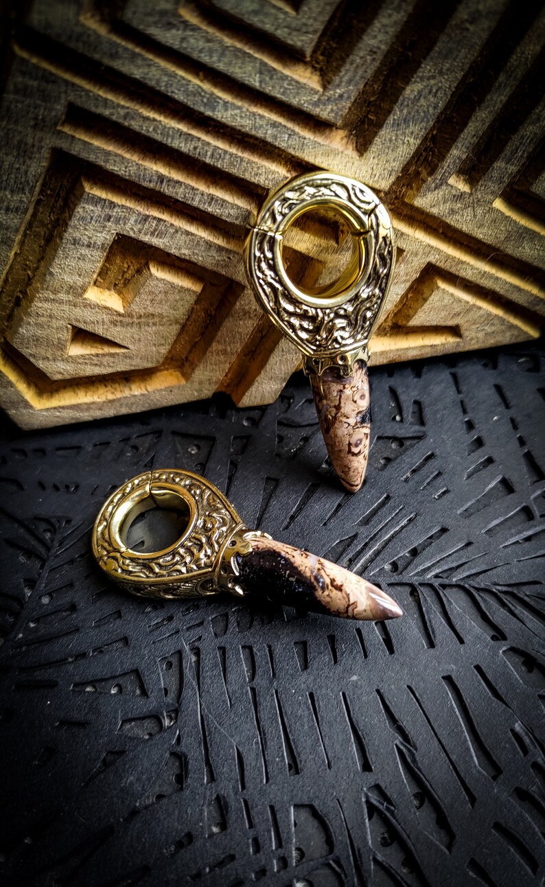 May include: A pair of gold-toned metal ear gauges with a decorative design and a brown and white stone tip.