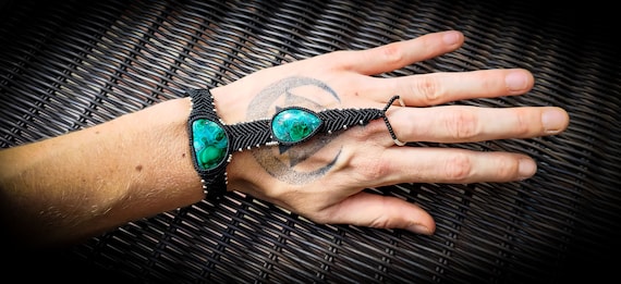 Micro Macrame Double Chrysocolla Malachite Unisex Bracelet Ring-Free Size-Blue Green Gem-Unique-Boho Jewels-Chic Jewels-Tribal Jewels
