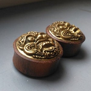 Sono Wood and Brass Barongs Ear Plugs-30 or 32 MM-tribal jewelry boho ears plugs-ethnic jewels-Mythology-Bali-Stretched Ears image 3