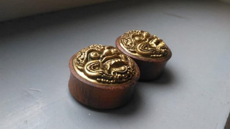 Sono Wood and Brass Barongs Ear Plugs-30 or 32 MM-tribal jewelry boho ears plugs-ethnic jewels-Mythology-Bali-Stretched Ears image 3