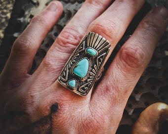 Plata 925 Patrón Nativo Americano Navajo Grande Triple Arizona Turquesas Únicas Unisex-Tamaño 59 US 8 3/4-Nueva Colección-Platero-Boho