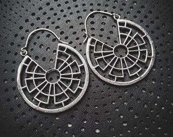 Silver Plated Industrial Geometric Wheel Medium Size Hoops Earrings-New Co-Tribal Jewels-Boho Earrings-Minimalist Design-SP23-Underground