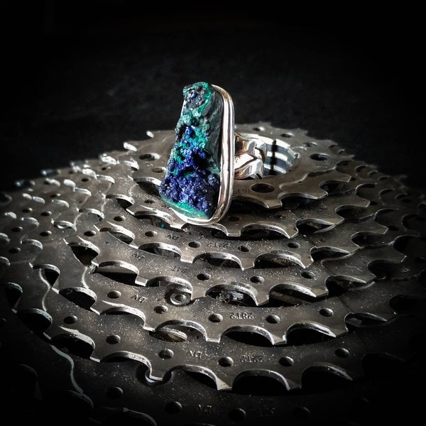 Natural Rough Azurite Malachite Adjustable Size Silver 925 Ring-Gems-Rare Stone-Unique Piece-Design Jewels-Minimalist Design-Precious