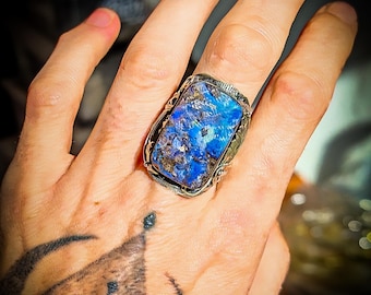 Silver 925 Massive Flashy Rough Opal Boulder Unisex Signet Ring-New Co-Silversmith-Art Deco Design-Unique Piece-Rough Gem-Boho-Chic Jewels