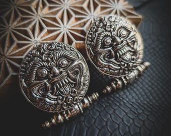 Brass or White Brass Akota Design Barong Face Unisex Ears Plugs Ears Weight-Original Exclusive Jewels-Stretched Ears-25mm 1"-Tribal Jewels
