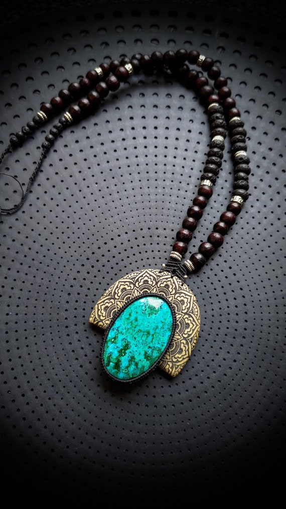 Tamarind Wood Ornamental Mandala Pattern Chrysocolla Malachite Unisex Mala Necklace Inspired-New Co-Unique-Wood Jewels-Blue Green Gem-Boho