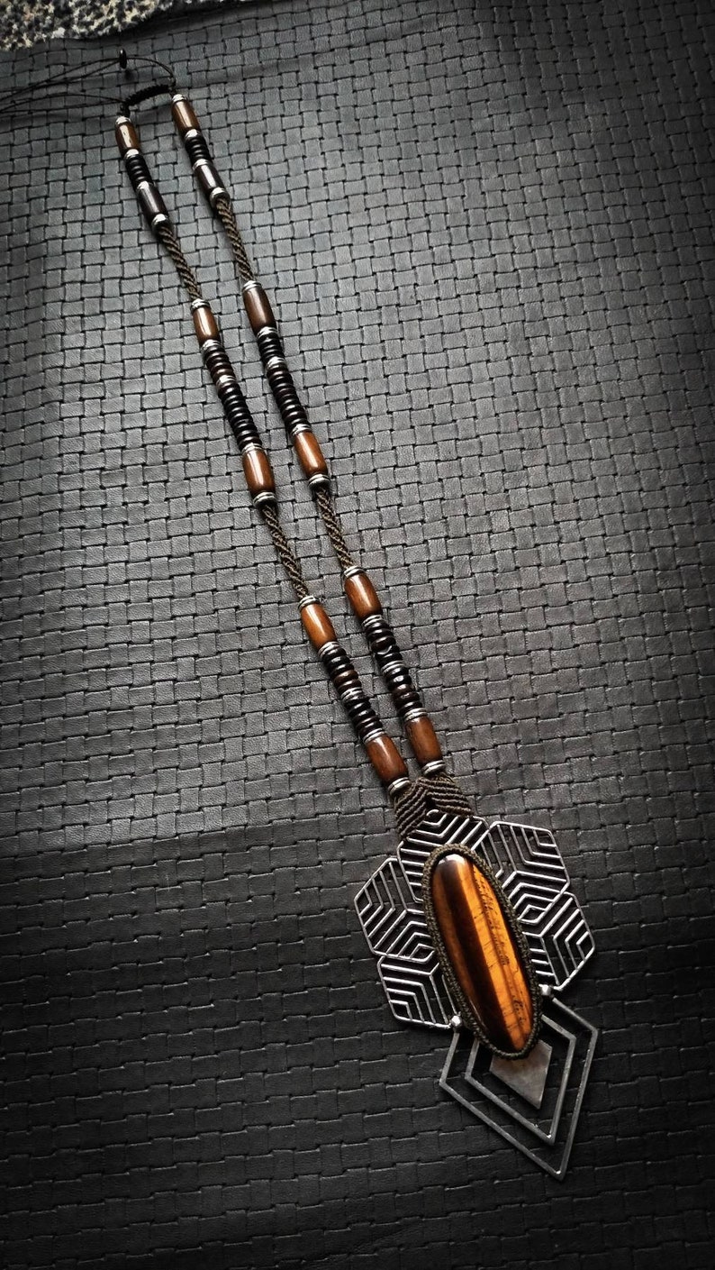 Yak Bone Beads-Boho Jewels-Unisex-Unique Piece-Biomecanic Jewels Red Tiger Eye Labyrinth Chevron Micro Macrame Mala Necklace Inspiration