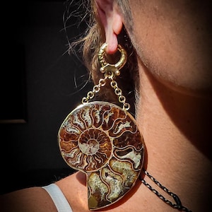 Peut inclure: Boucle d'oreille dorée avec un pendentif ammonite fossilisée. Le pendentif présente des motifs en spirale détaillés en marron et crème, suspendu à une chaîne et à une boucle d'oreille dorée. Bijou unique.