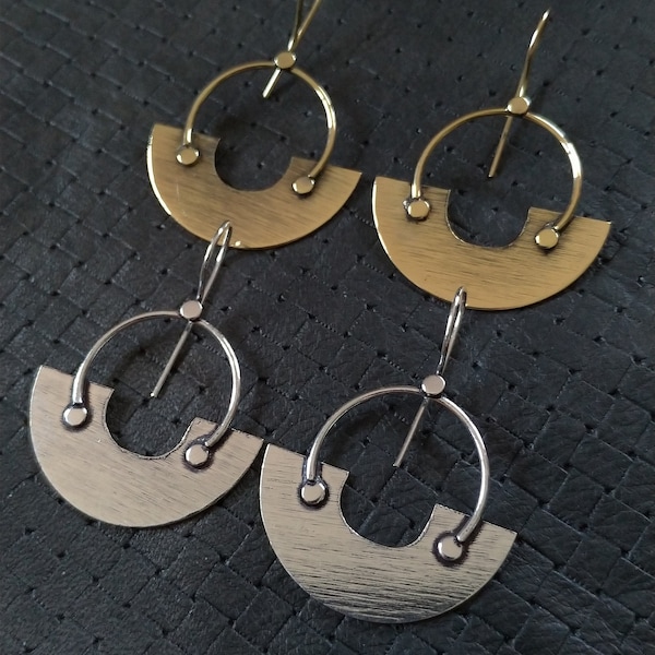 Brass Or Silver Plated Mapuche Design Earrings-Minimalist Design Jewelry-Brush Effect Pattern-Boho Jewels-New Co-Ethnic Design-Tribal Earrin