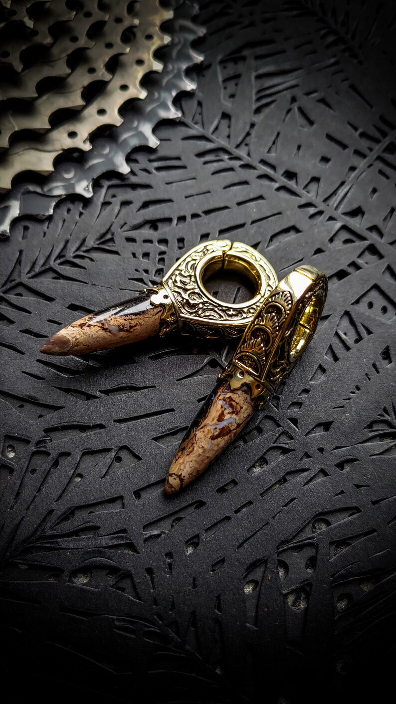 May include: A pair of gold-toned ear gauges with intricate designs and brown and black stone accents. The gauges are on a black textured surface.