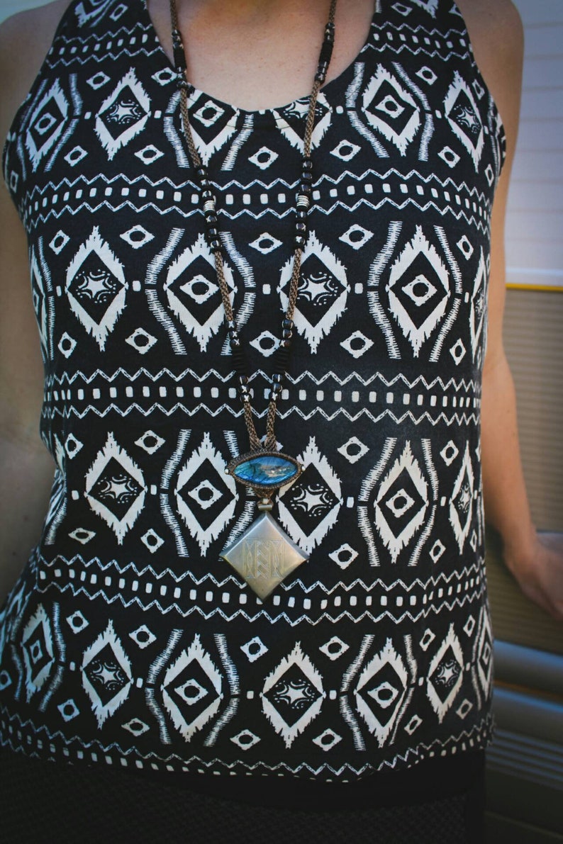 Silver 925 Traditional Tuareg Pendant BlueFire Labradorite Dzy Beads Mala Neckace Inspiration-Unique Piece-Special Design-Ethnic Inspiration