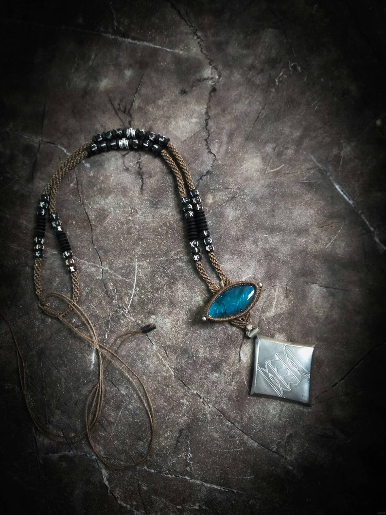 Silver 925 Traditional Tuareg Pendant BlueFire Labradorite Dzy Beads Mala Neckace Inspiration-Unique Piece-Special Design-Ethnic Inspiration