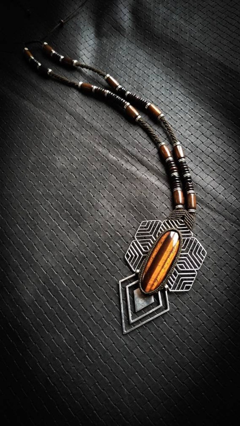 Yak Bone Beads-Boho Jewels-Unisex-Unique Piece-Biomecanic Jewels Red Tiger Eye Labyrinth Chevron Micro Macrame Mala Necklace Inspiration