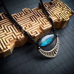 Geometrische Marquise Vorm Blauwe Labradoriet Ketting-Unisex Sieraden-Boho Ketting-Vrije Maat-Grote Spectrolite-Uniek-Minimalistisch Design Juwelen