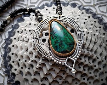Massive Chrysocolla Ethnic Geometric Pendulum Mala Necklace Unisex Jewels-Unique Piece-Boho Jewels-Geometric Pattern-Unique Design-Blue Gem
