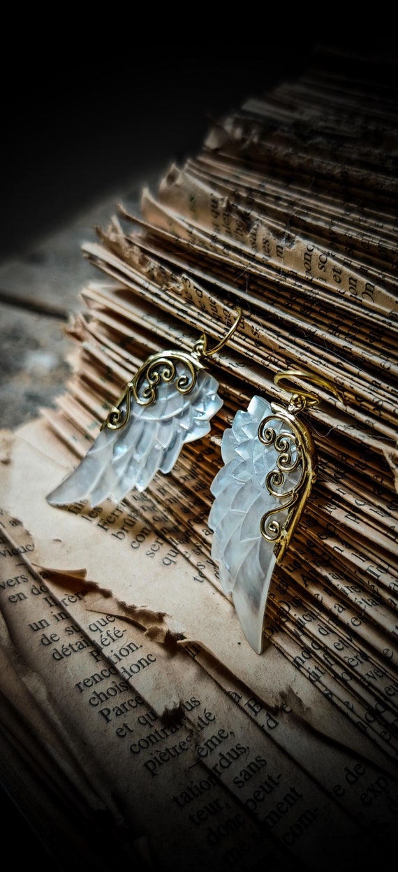 Brass Mother Of Pearl Wings Shapes Medium Size Earrings-New Co-Cosplay Jewels-Goddess Design-Organic Jewels-Tribal Earrings-Boho Jewels