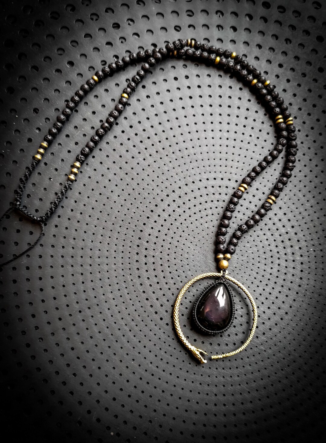 Brass Ouroboros Obsidian Drop Lava Mala Necklace Inspired-unisex