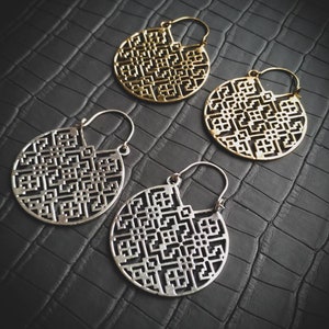 Brass Or Silver Plated Shipibo Geometric Pattern Medium Size Hoops Earrings-New Collection-Boho-Chic Earrings-Shipibo Pattern-Peru Tribe