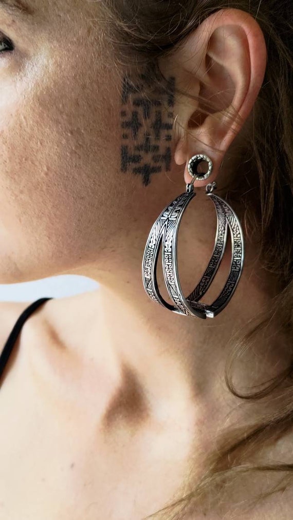 Brass Or Silver Plated Sekhmet Large Hoops Earring-Goddess Jewelry-Original Design-Tribal Earrings-Tuareg Jewels-Boho Earrings-Tribal Fusion
