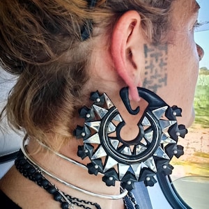 Arang Wood Geometric Design With or Without Silver Plated Details Unisex Hangers Ears Weight-New Co-Organic Jewel-Boho-Stretched Ears-Tribal