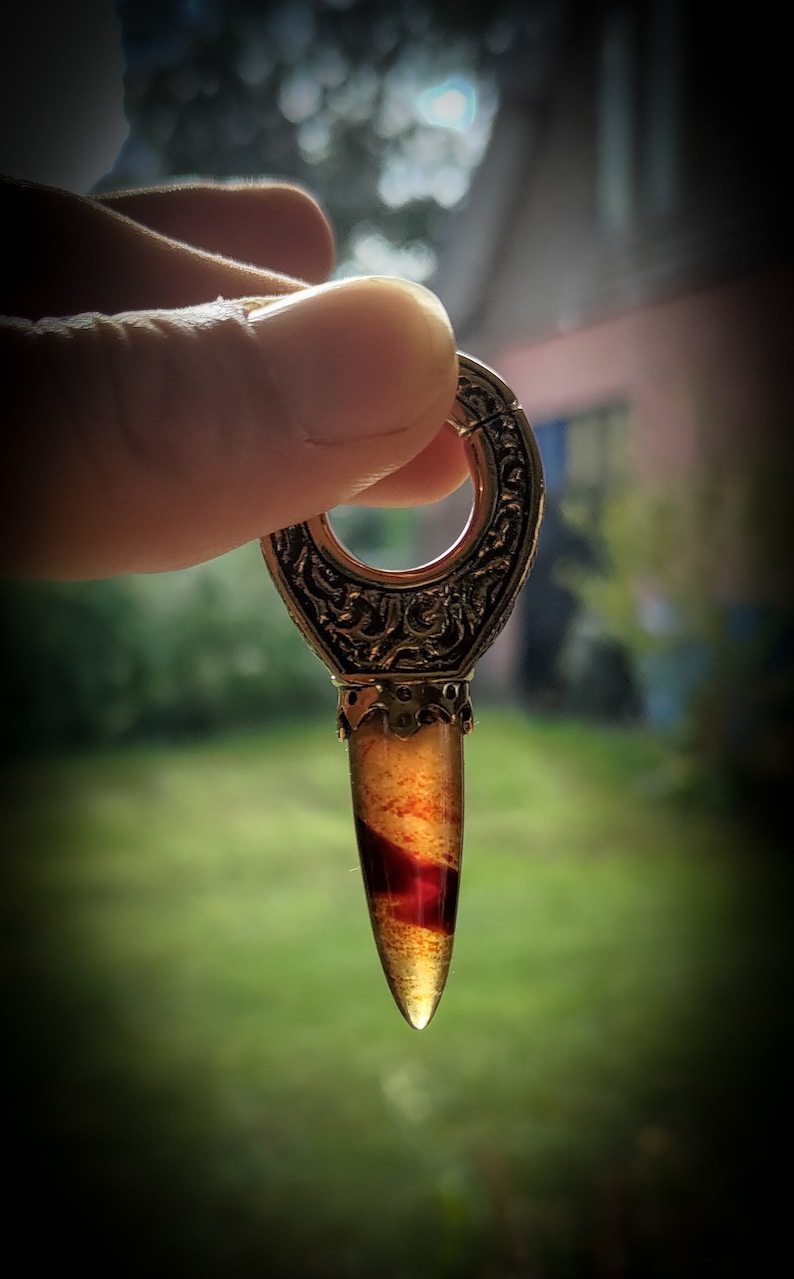 May include: A gold-toned metal body piercing with a detailed design and a long, pointed, red and brown agate stone.