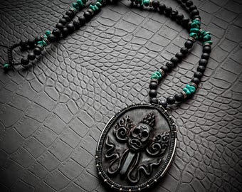 Exclusive Original Design Carved Arang Wood Citipati Skull Sayagata Backside Lava Free Shapes Turquoise Unisex Unique Necklace-New Co-Design