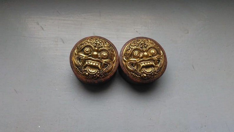 Sono Wood and Brass Barongs Ear Plugs-30 or 32 MM-tribal jewelry boho ears plugs-ethnic jewels-Mythology-Bali-Stretched Ears image 2