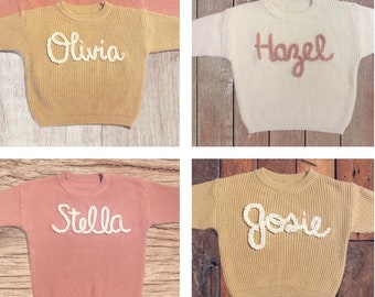 Custom Personalized Baby or Toddler Name Chunky Hand Embroidered Knit Sweater, Baby Name Sweater, Baby Shower Gift