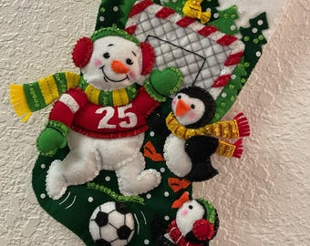 Bucilla finished "Soccer Snow Day" 18" diag. Christmas stocking