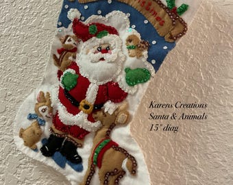 Bucilla Vintage Finished "Santa & Animals" 15" diag Christmas stocking